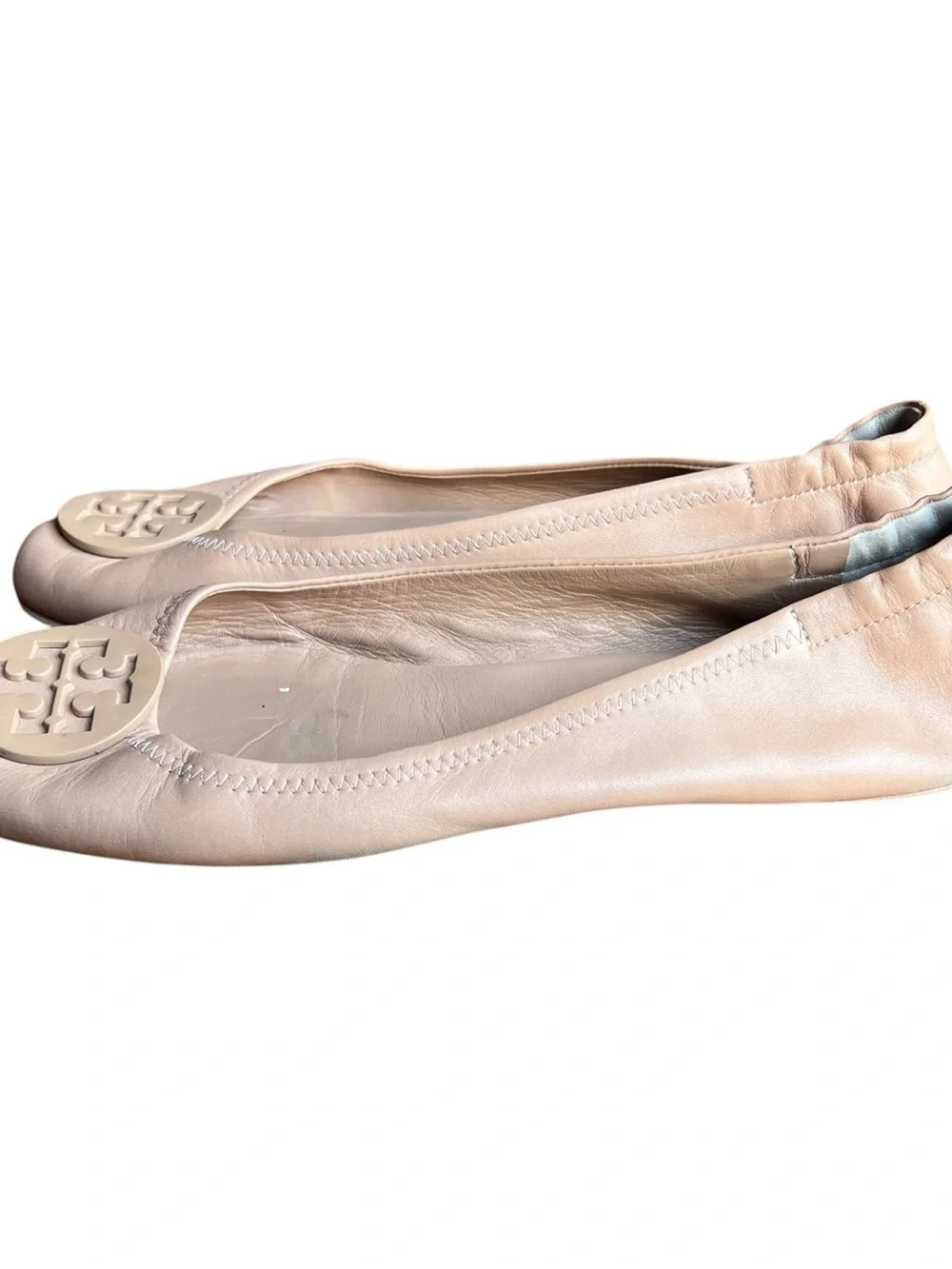 Tory Burch Blush Leather Logo Round-Toe Ballet Flats